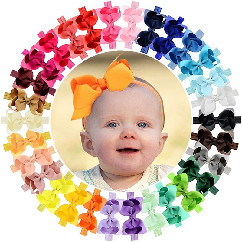 WillingTee Baby Girls 4.5 Inch Grosgrain Ribbon Boutique Hair Bows Headband, 30 Colors - Fantastic Hair Accessories for Baby Girls, Infants, Toddlers, Kids, Children & Teens - Image 1